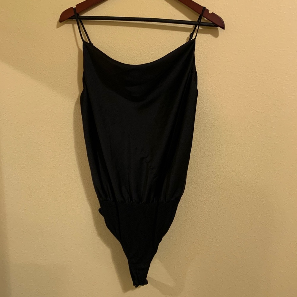 Lulus Emerson Black Satin Cowlneck Bodysuit